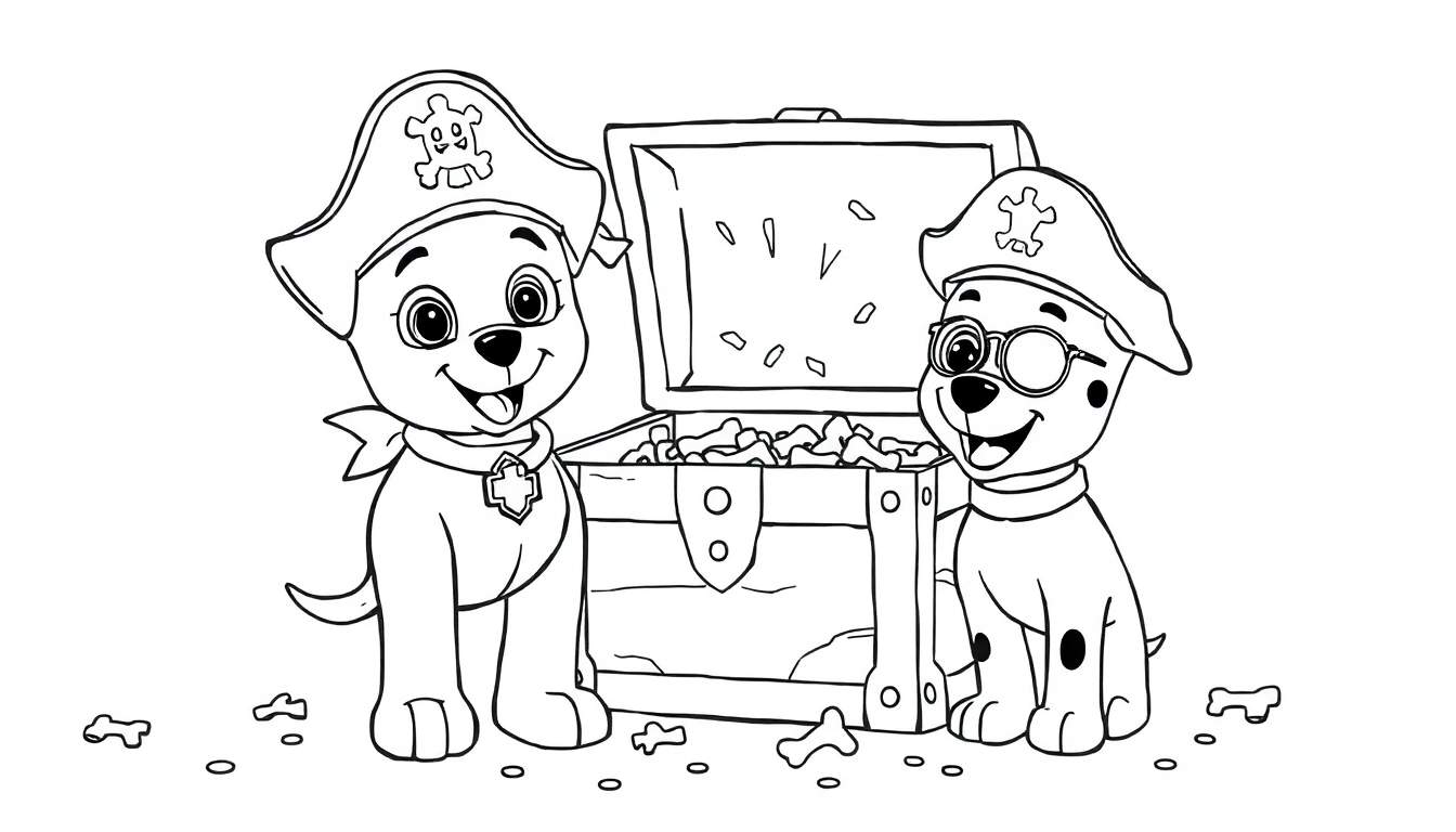 Dibujo de contorno de dos cachorros piratas con sombreros, uno con medallón y otro con monóculo, junto a un cofre del tesoro abierto lleno de huesos de perro.