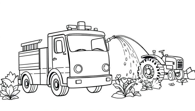Página para colorear con un camión de bomberos regando flores y un tractor estacionado cerca con arbustos.