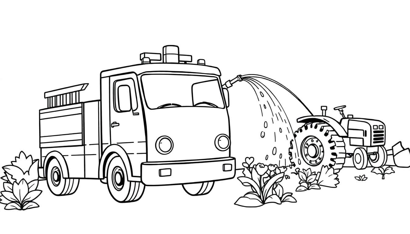 Página para colorear con un camión de bomberos regando flores y un tractor estacionado cerca con arbustos.