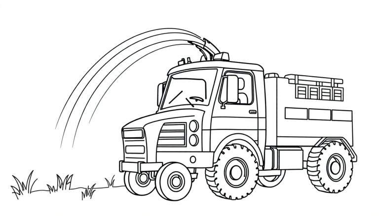 Dibujo lineal en blanco y negro de un camión de bomberos rociando agua, con hierba al fondo.