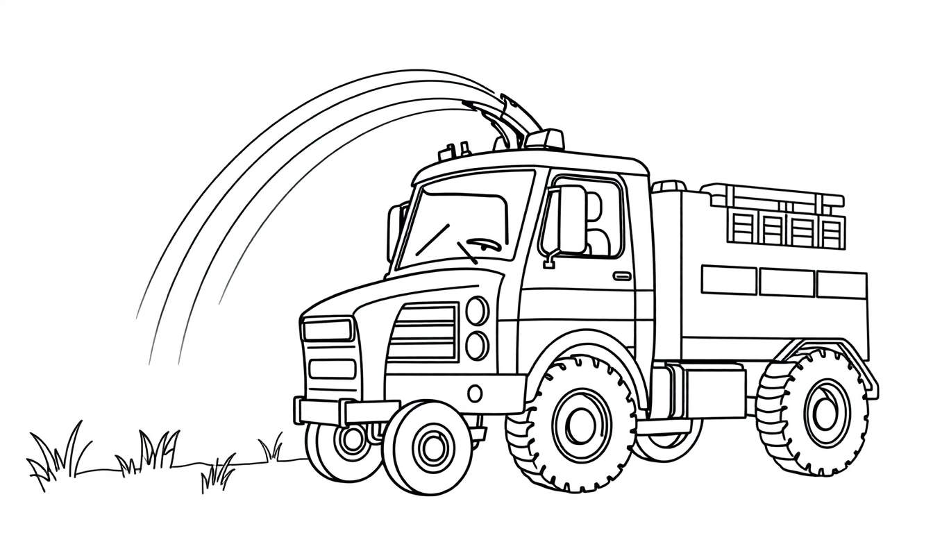 Dibujo lineal en blanco y negro de un camión de bomberos rociando agua, con hierba al fondo.