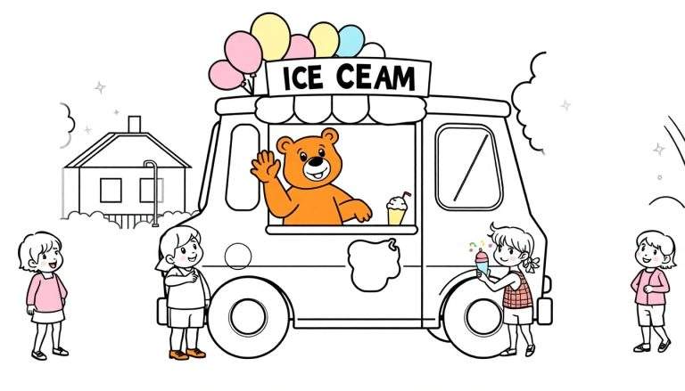 Página para colorear de un camión de helados con un oso saludando, rodeado de niños haciendo fila para comprar helado, con globos y una casa en el fondo.