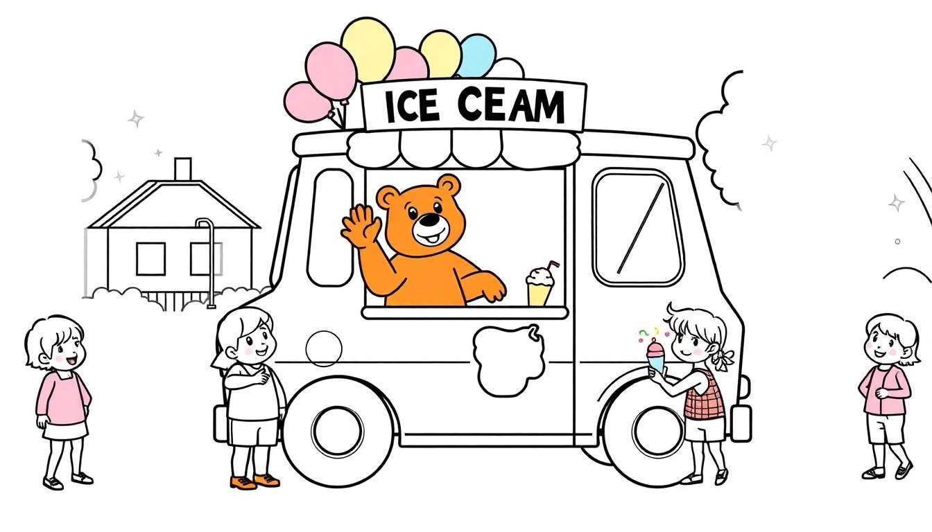 Página para colorear de un camión de helados con un oso saludando, rodeado de niños haciendo fila para comprar helado, con globos y una casa en el fondo.