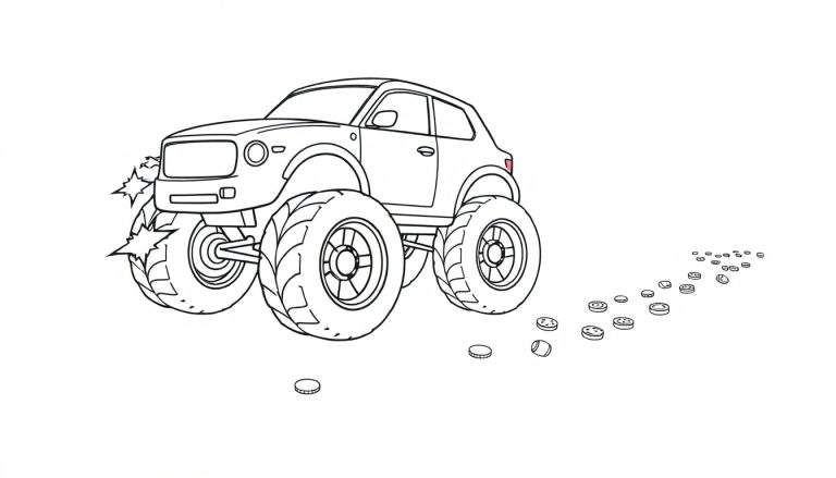 Ilustración para colorear de un camión monstruo saltando con monedas de oro esparcidas por el suelo.