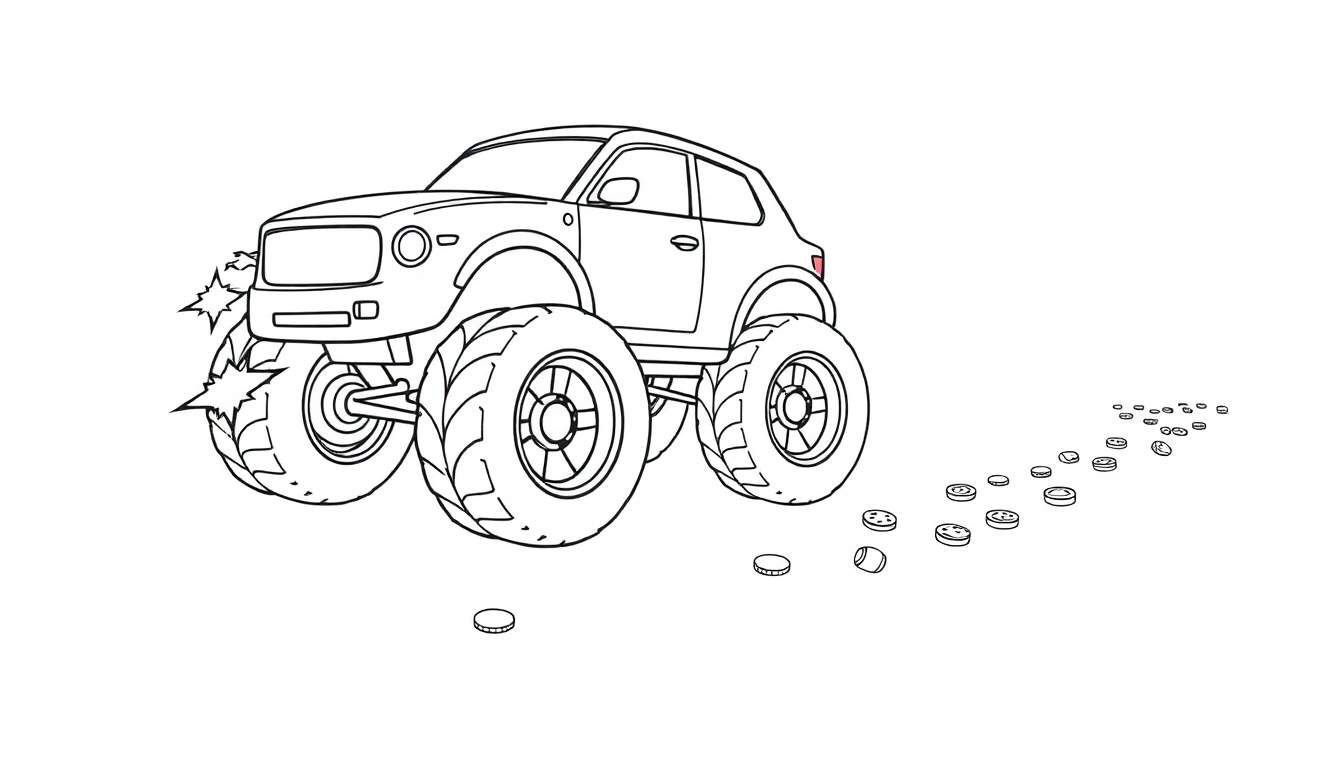Ilustración para colorear de un camión monstruo saltando con monedas de oro esparcidas por el suelo.