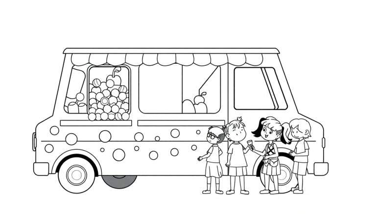 Ilustración para colorear de un camión de helados colorido con un toldo y una ventana mostrando helados, con cuatro niños parados delante, algunos sosteniendo helados.