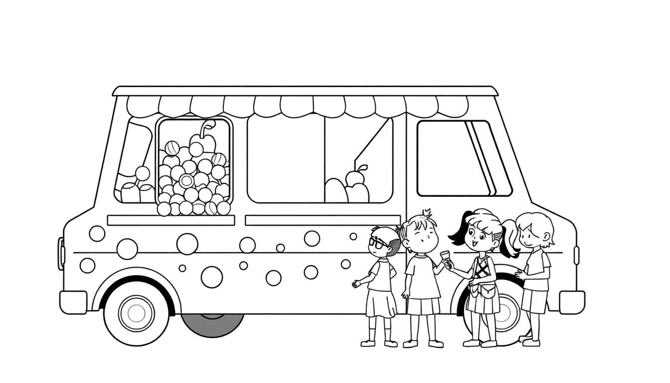 Ilustración para colorear de un camión de helados colorido con un toldo y una ventana mostrando helados, con cuatro niños parados delante, algunos sosteniendo helados.