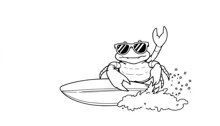 Dibujo lineal de un cangrejo surfista sonriente con gafas de sol, de pie sobre una tabla de surf con olas y burbujas a su alrededor, saludando con una pinza.