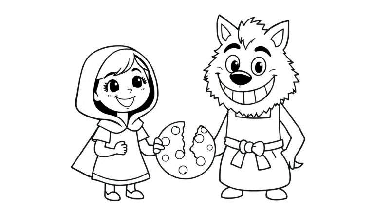 Dibujo lineal para colorear de Caperucita Roja y un lobo amistoso compartiendo una galleta.