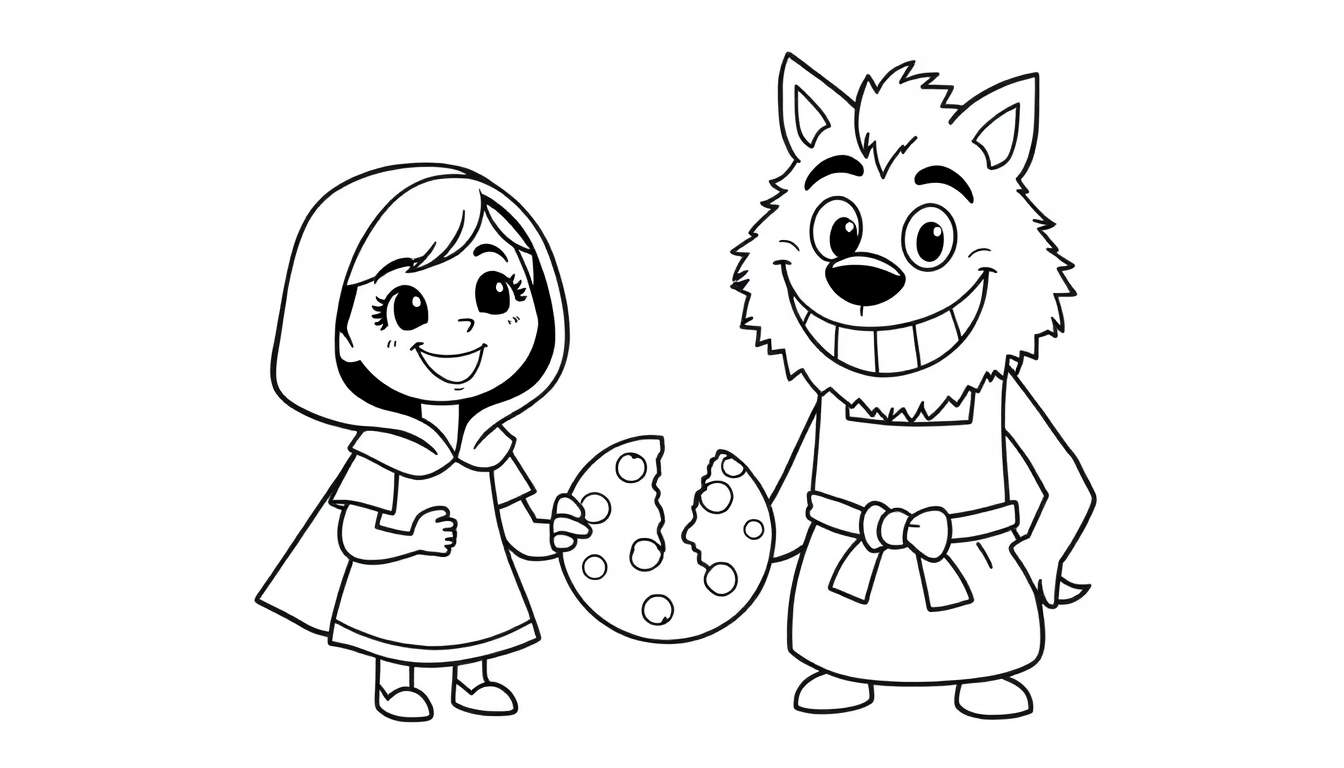 Dibujo lineal para colorear de Caperucita Roja y un lobo amistoso compartiendo una galleta.