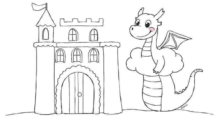 Ilustración en blanco y negro de un castillo de juguete y un dragón amigable flotando sobre una nube, lista para ser coloreada.
