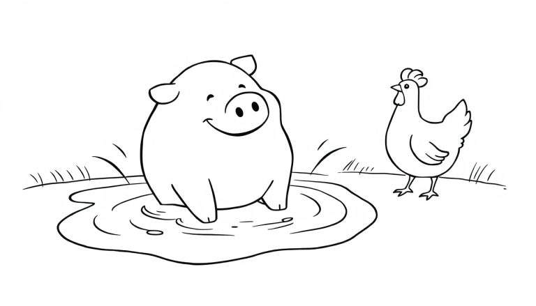 Página para colorear de un cerdo feliz en un charco de barro y una gallina al lado.