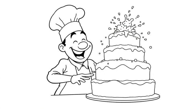 Dibujo en blanco y negro de un chef feliz señalando un pastel de varias capas con glaseado ondulado.