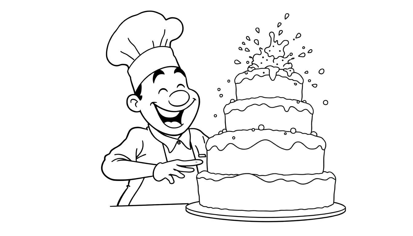 Dibujo en blanco y negro de un chef feliz señalando un pastel de varias capas con glaseado ondulado.