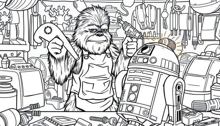 Imagen para colorear de Chewbacca arreglando a R2-D2 en un taller con herramientas.