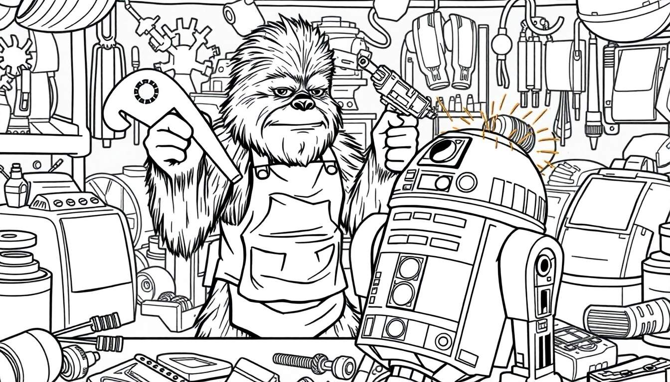 Imagen para colorear de Chewbacca arreglando a R2-D2 en un taller con herramientas.