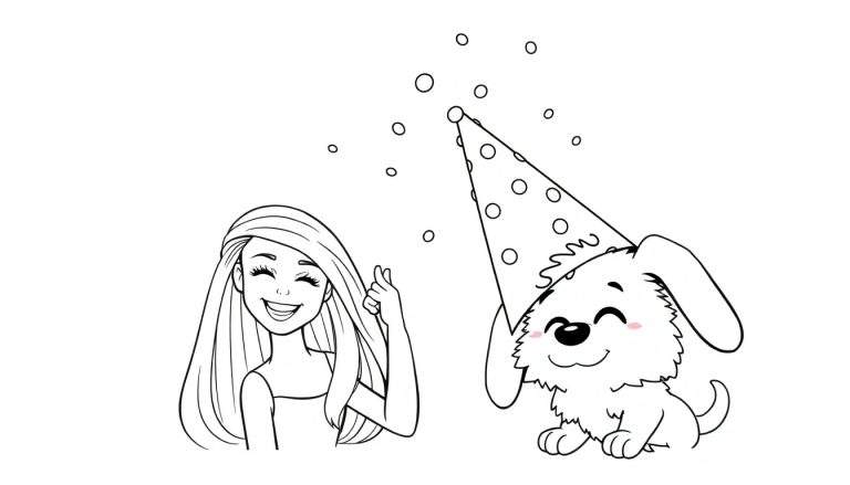 Página para colorear de una chica y un perro celebrando un cumpleaños, con burbujas flotando.
