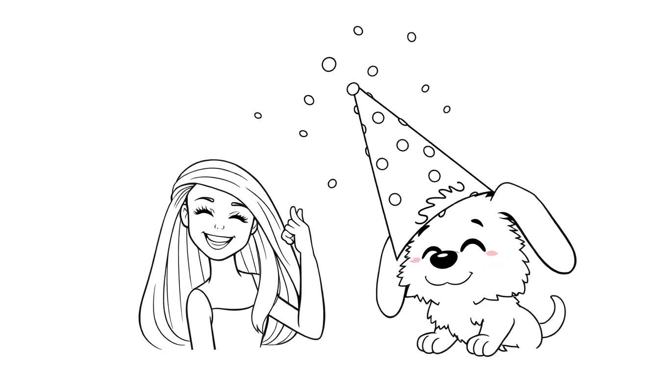 Página para colorear de una chica y un perro celebrando un cumpleaños, con burbujas flotando.