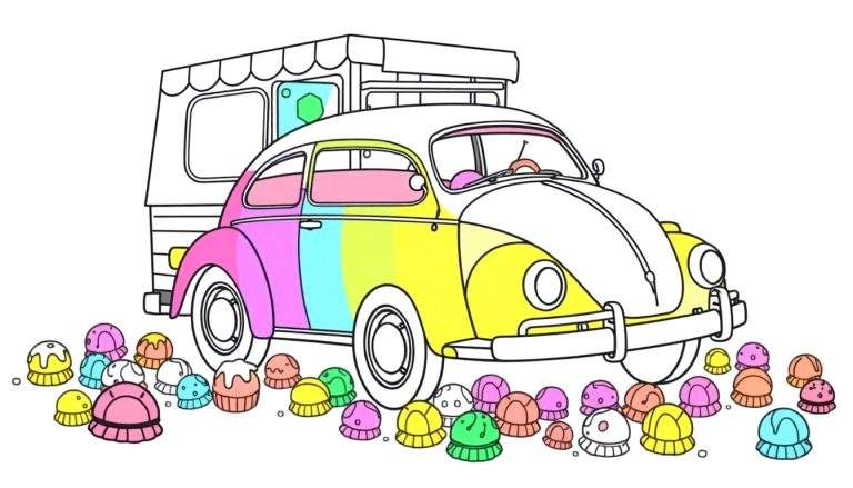 Página para colorear de un coche de helados estilo escarabajo con puertas y capó de diferentes colores y helados derretidos en el suelo.