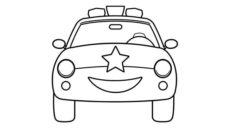 Dibujo a color de un coche de policía de dibujos animados sonriente visto de frente, con una estrella en el capó y luces en el techo.
