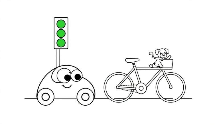 Ilustración para colorear de un coche de dibujos animados con ojos y boca, aparcado junto a un semáforo con la luz verde, y una bicicleta con un perro feliz sentado en la cesta frontal.