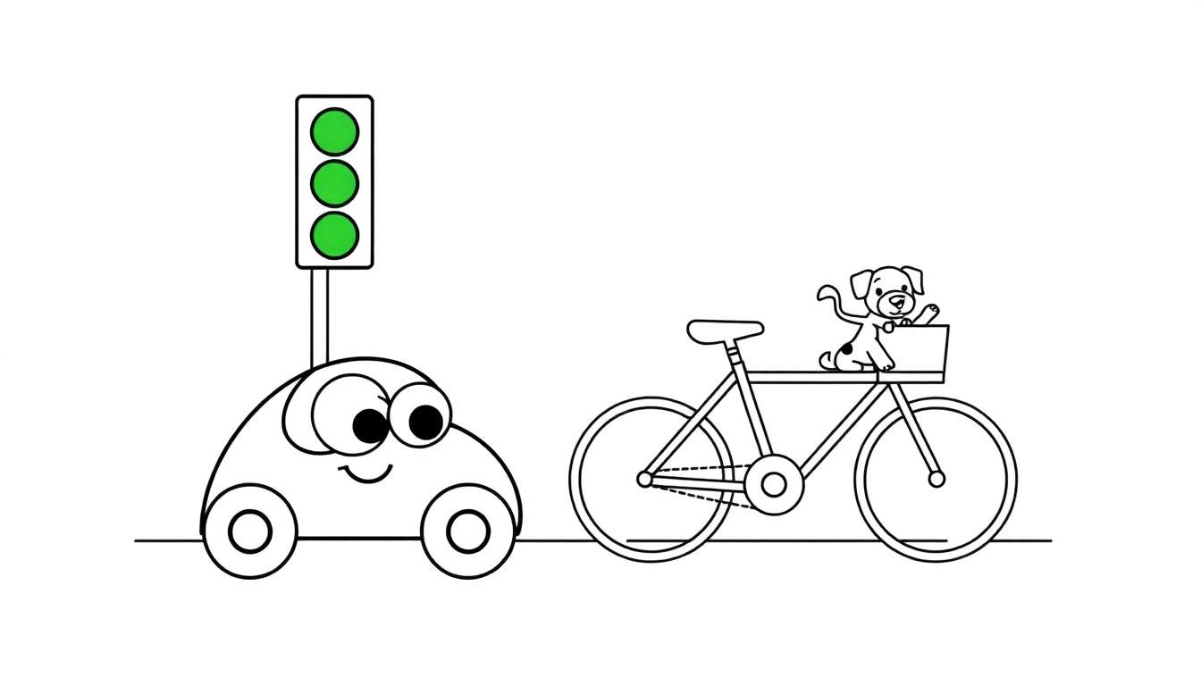 Ilustración para colorear de un coche de dibujos animados con ojos y boca, aparcado junto a un semáforo con la luz verde, y una bicicleta con un perro feliz sentado en la cesta frontal.
