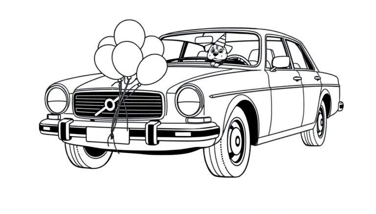 Dibujo lineal en blanco y negro de un coche clásico con globos atados al frente y un perro con sombrero de fiesta sentado en el asiento del conductor, listo para colorear.