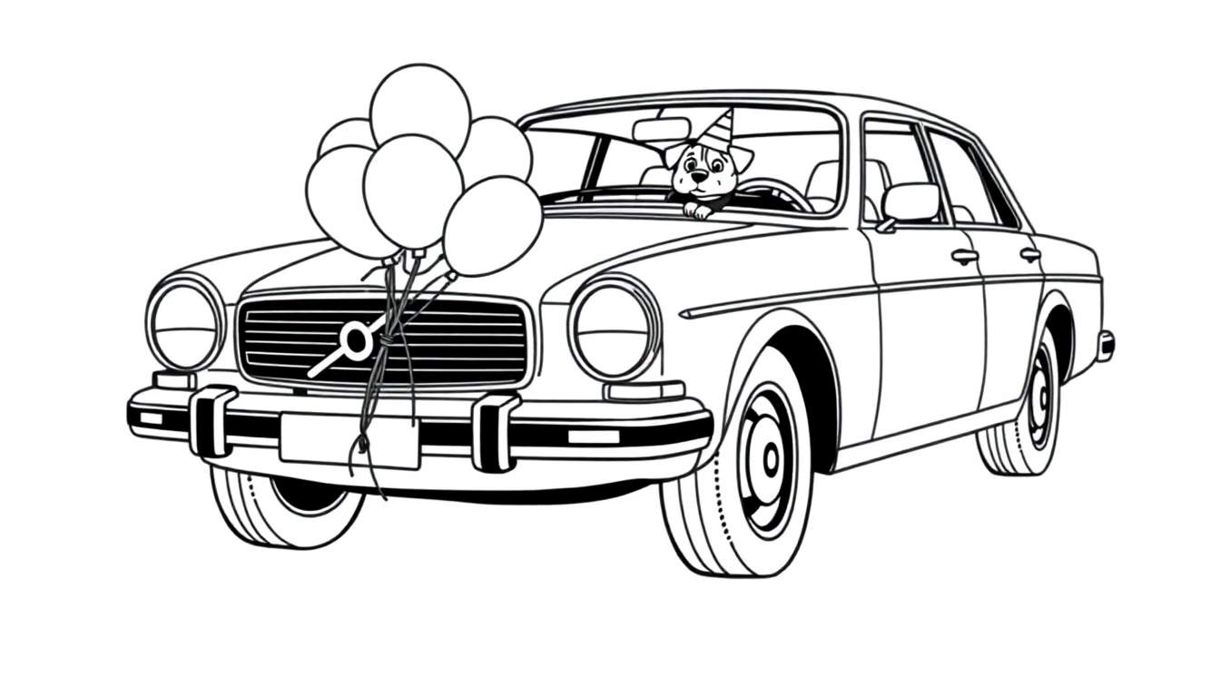 Dibujo lineal en blanco y negro de un coche clásico con globos atados al frente y un perro con sombrero de fiesta sentado en el asiento del conductor, listo para colorear.