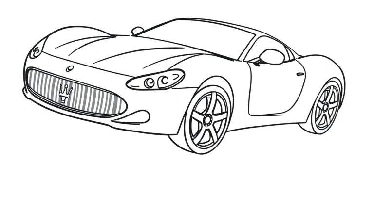 Contorno de coche deportivo para colorear con parrilla frontal vertical y faros alargados.