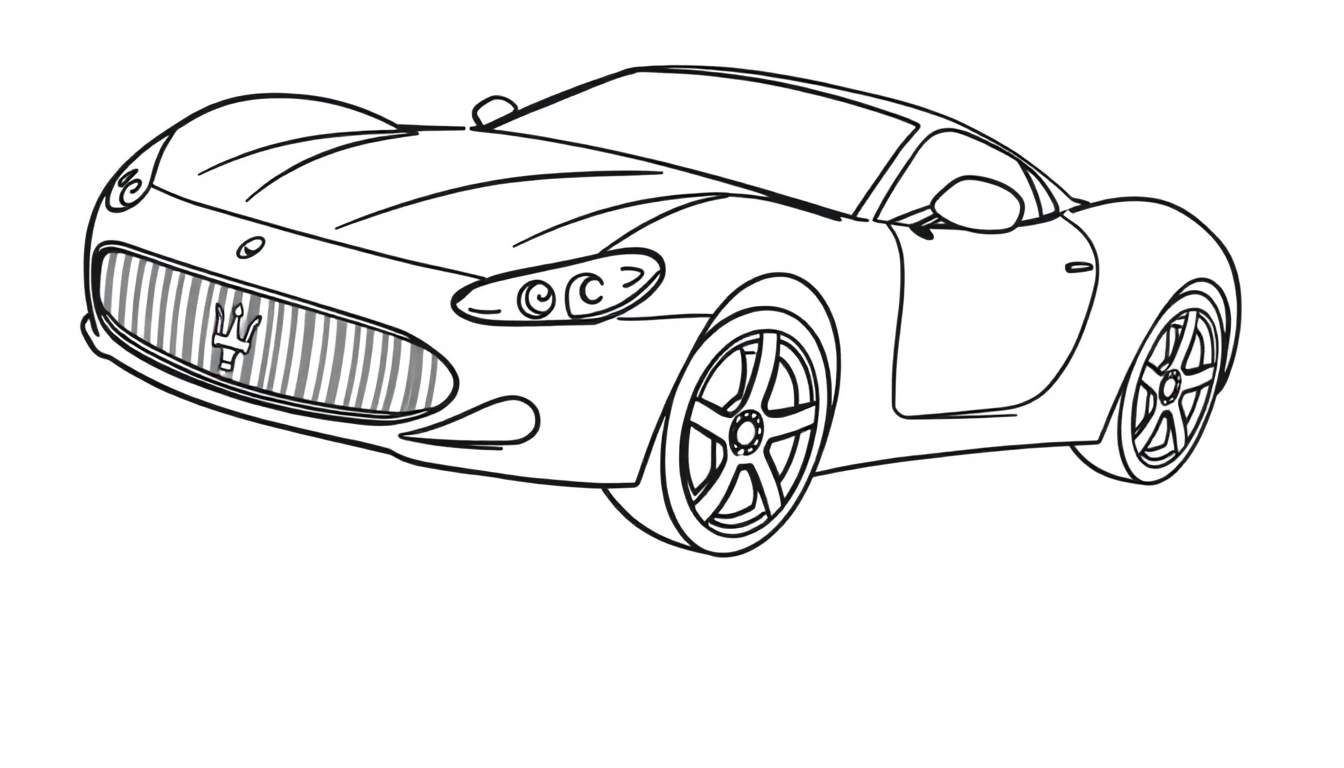 Contorno de coche deportivo para colorear con parrilla frontal vertical y faros alargados.