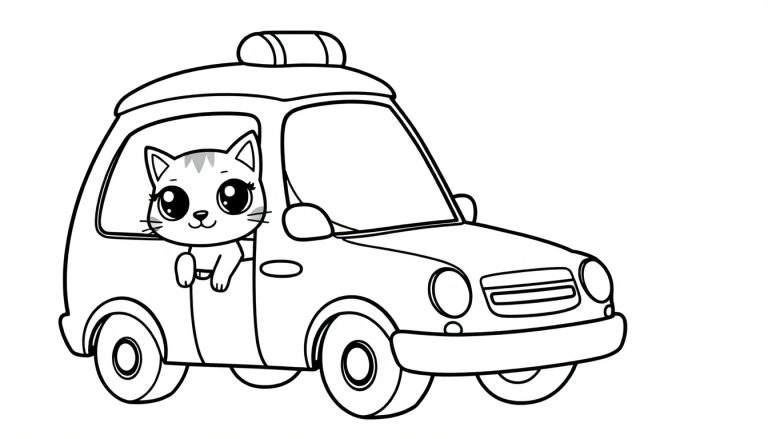 Dibujo lineal de un coche de policía con un gatito mirando por la ventana, listo para colorear.