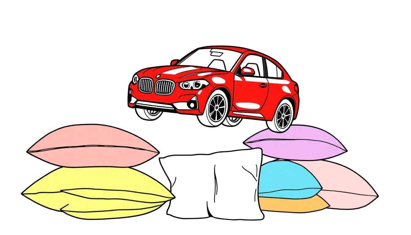 Imagen para colorear de un coche de dibujos animados rojo descansando sobre una pila de almohadas de colores: rosas, amarillas, blancas, moradas y azules. Fondo blanco.