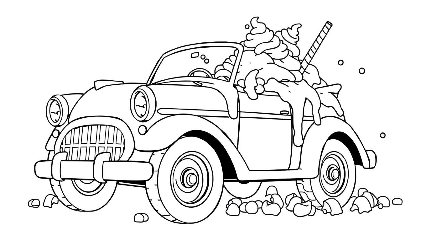 Página para colorear de un coche vintage descapotable cubierto de helado derretido y dulces.
