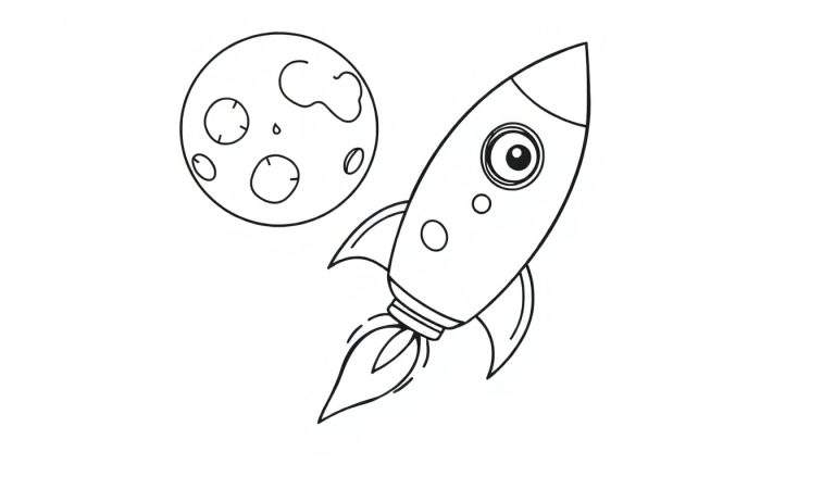 Dibujo de un cohete espacial despegando con llamas, junto a una luna con cráteres, listo para colorear.
