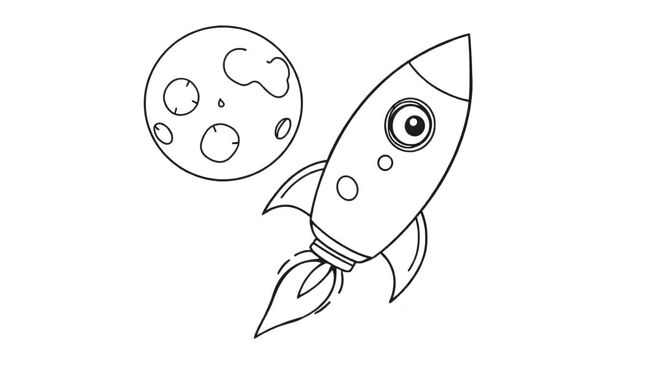 Dibujo de un cohete espacial despegando con llamas, junto a una luna con cráteres, listo para colorear.