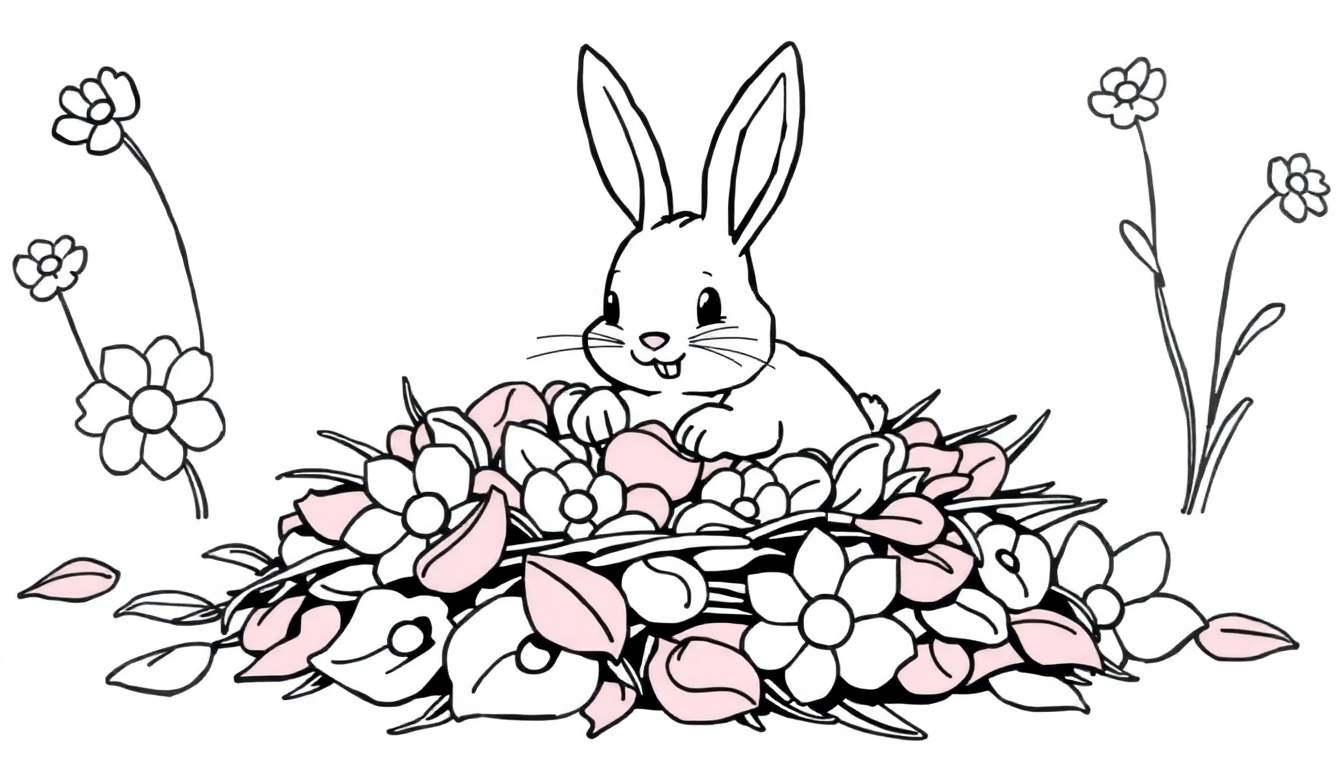 Página para colorear de un conejo blanco sonriendo con las orejas levantadas, sentado en un montón de flores de varios tamaños y colores, algunas con pétalos rosas. Flores pequeñas en el fondo y hojas/pétalos caídos en el primer plano.