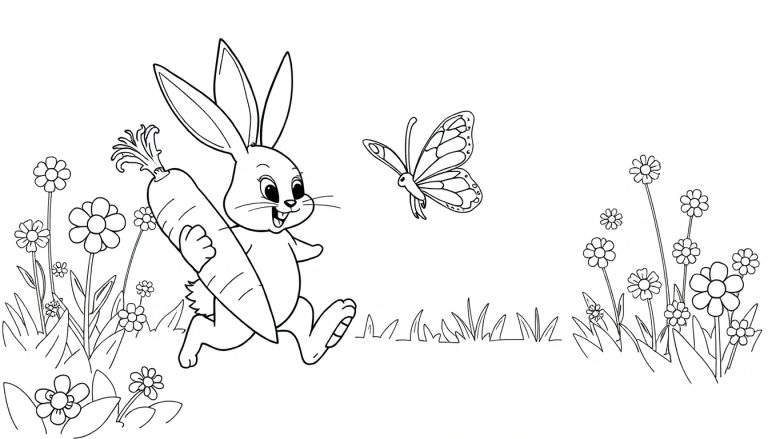 Dibujo lineal de un conejo corriendo con una zanahoria, acompañado de una mariposa, flores y hierba, listo para colorear.