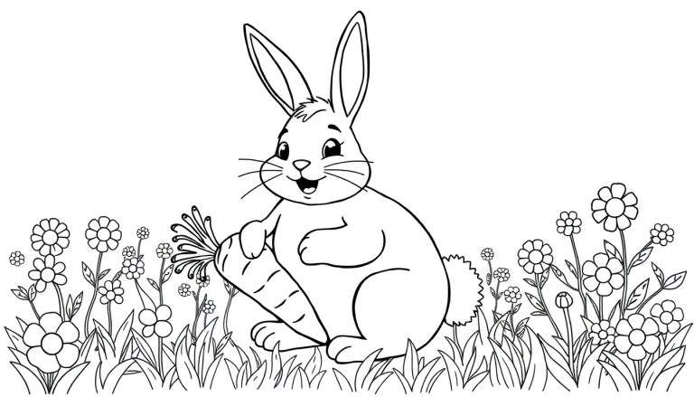 Página para colorear de un conejo sonriente con una zanahoria en medio de flores y hierba.