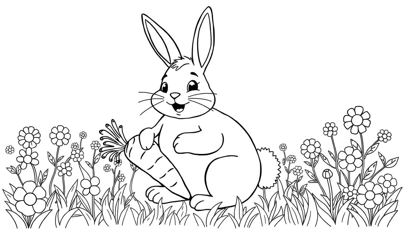 Página para colorear de un conejo sonriente con una zanahoria en medio de flores y hierba.