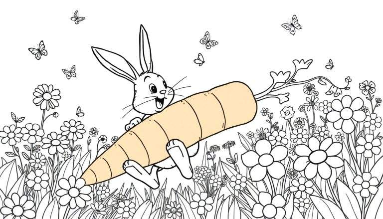 Imagen para colorear de un conejo de dibujos animados feliz con orejas largas, sosteniendo una zanahoria y rodeado de flores y mariposas.