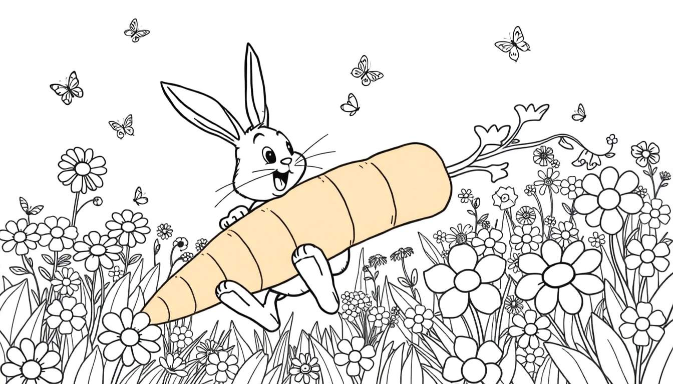 Imagen para colorear de un conejo de dibujos animados feliz con orejas largas, sosteniendo una zanahoria y rodeado de flores y mariposas.