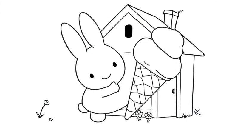 Página para colorear de un conejo sonriente con un helado gigante, una casa y flores.