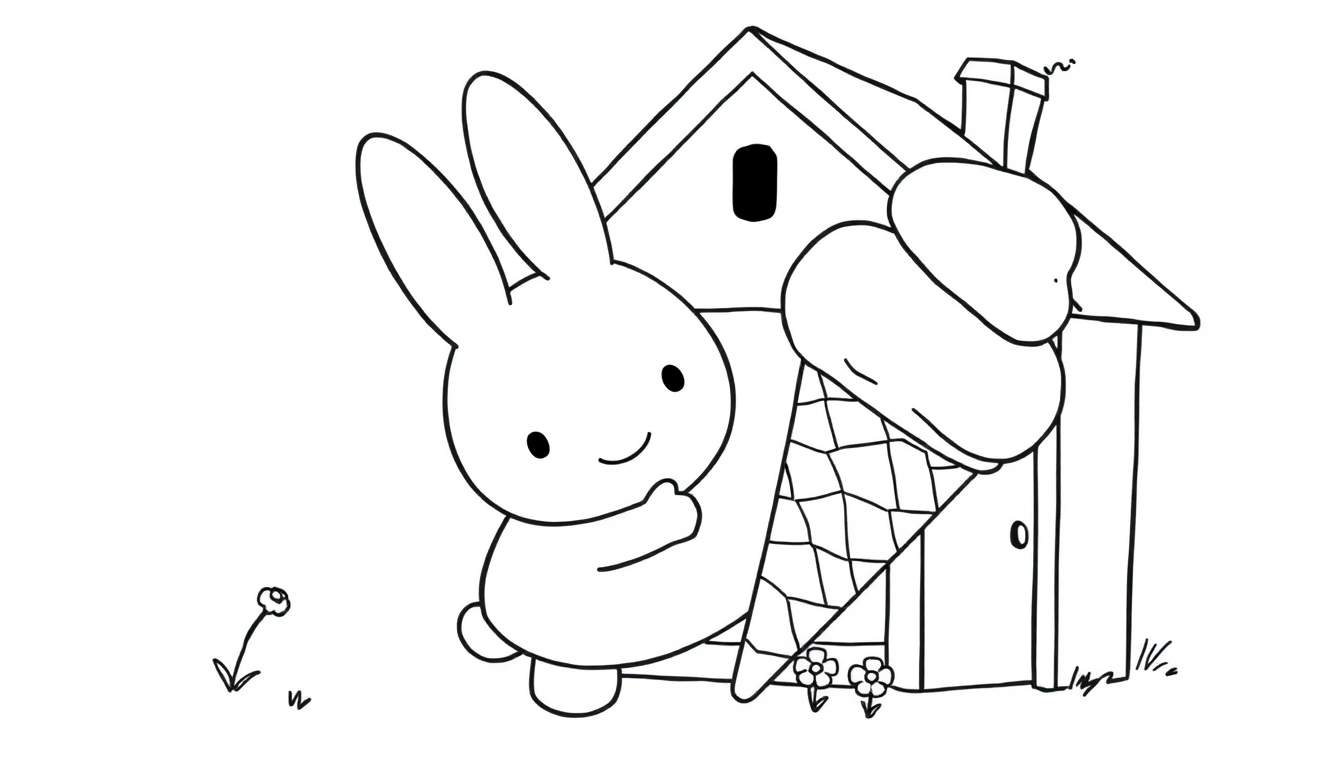 Página para colorear de un conejo sonriente con un helado gigante, una casa y flores.