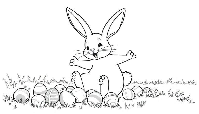 Dibujo a blanco y negro de un conejo de Pascua amigable con las orejas levantadas y los brazos abiertos, sentado sobre hierba y rodeado de huevos de Pascua con varios diseños.