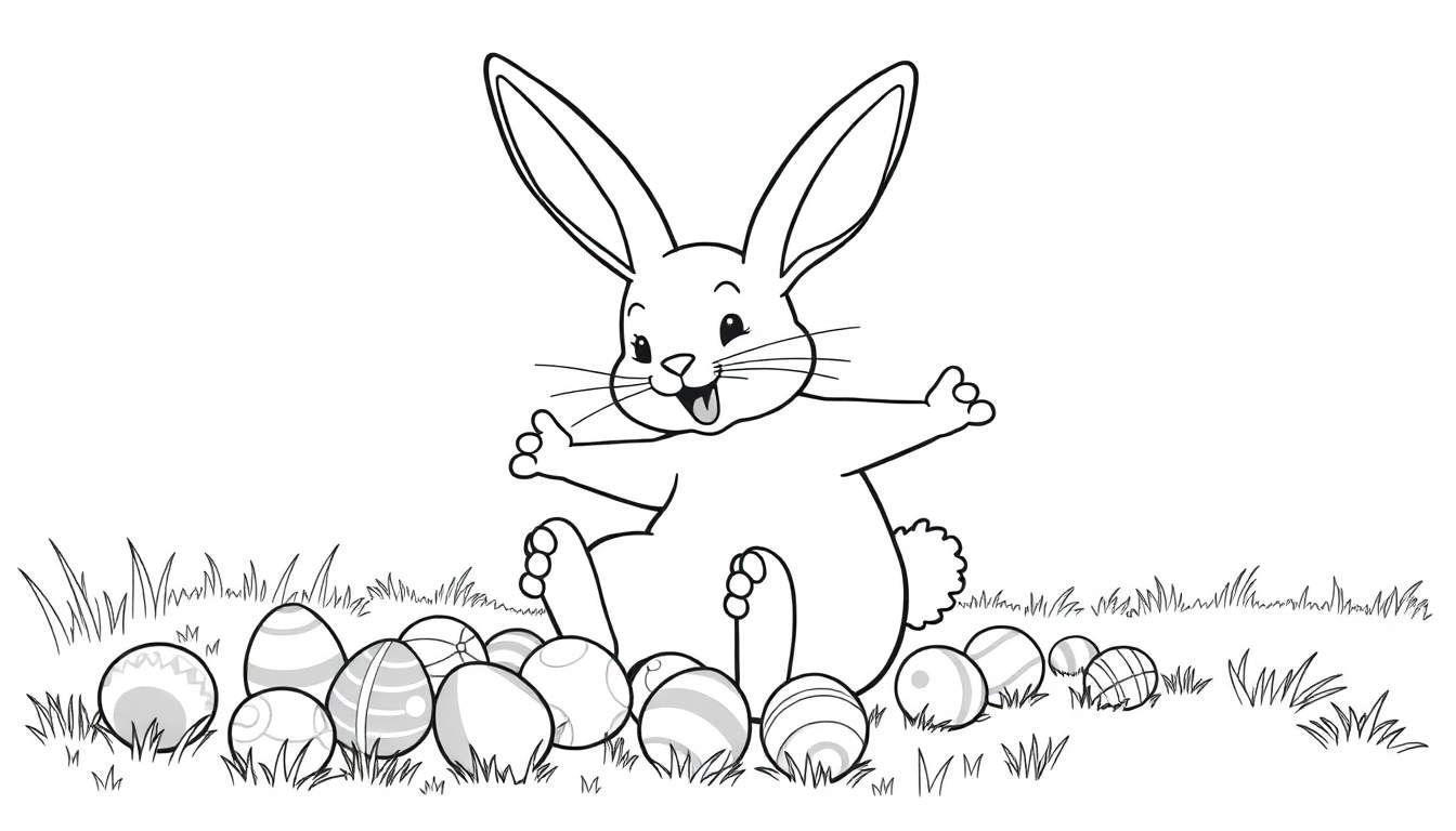 Dibujo a blanco y negro de un conejo de Pascua amigable con las orejas levantadas y los brazos abiertos, sentado sobre hierba y rodeado de huevos de Pascua con varios diseños.