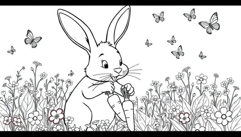Página para colorear de un conejo de Pascua con zanahorias, flores y mariposas.