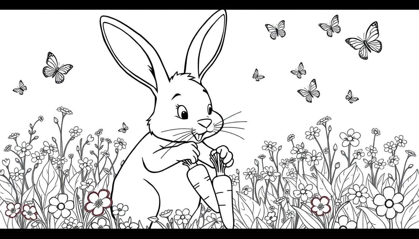 Página para colorear de un conejo de Pascua con zanahorias, flores y mariposas.