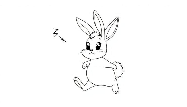 Ilustración para colorear de un conejo blanco saltando con un rayo a su lado.