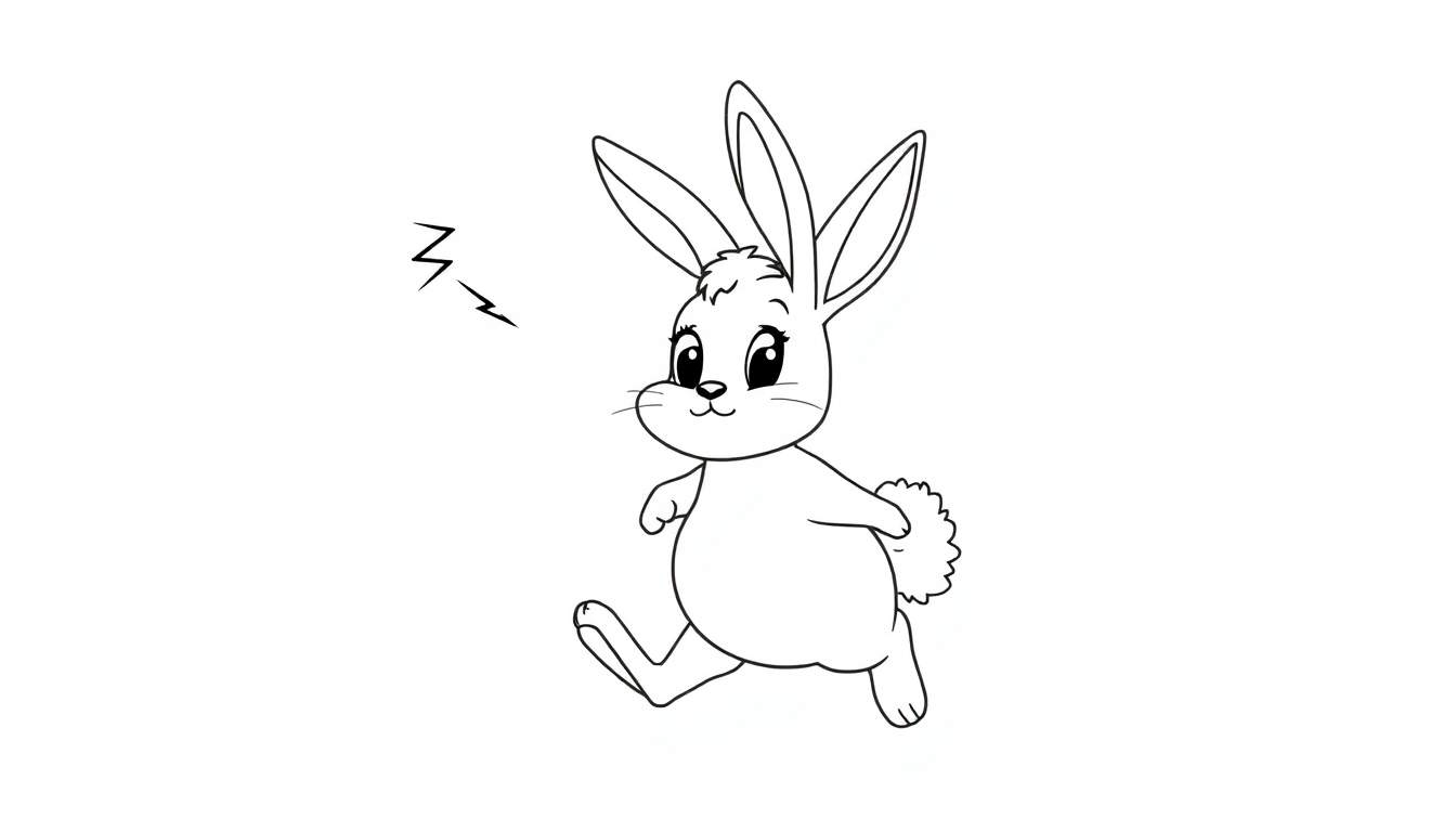 Ilustración para colorear de un conejo blanco saltando con un rayo a su lado.