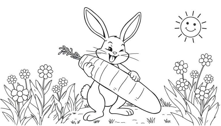 Dibujo a blanco y negro de un conejo feliz guiñando un ojo y sacando la lengua, sosteniendo una zanahoria enorme. Hay flores, hierba y un sol sonriente alrededor.